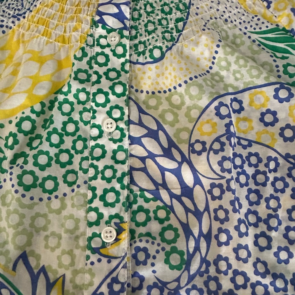 Talbots Smocked Peasant Blouse Button Up Crochet Accents Green Blue Yellow Sz S - Picture 7 of 10